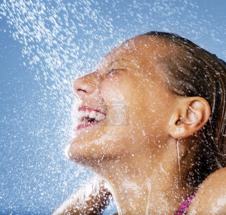 Happy Young Girl Taking Shower. Bath