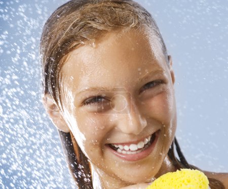 Happy Teen Girl Taking Shower. Bath. Healthy Skin.Washing