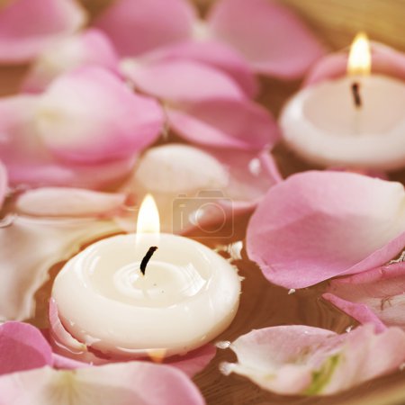 Spa Floating Candles And Rose Petals In Water