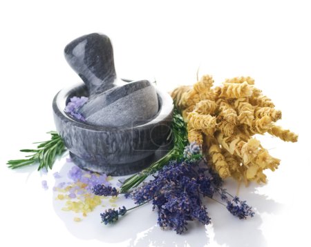 Herbal Medicine Concept. Mortar And Herbs