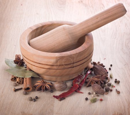 Wooden Mortar And Spices