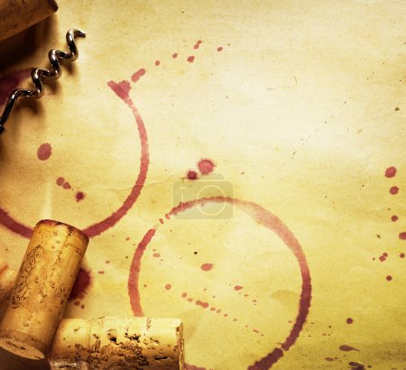 Wine Cork, Corkscrew And Red Wine Stains On The Vintage Paper Ba