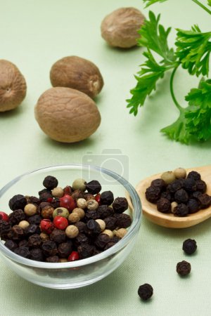 Colorful peppercorn with nutmegs