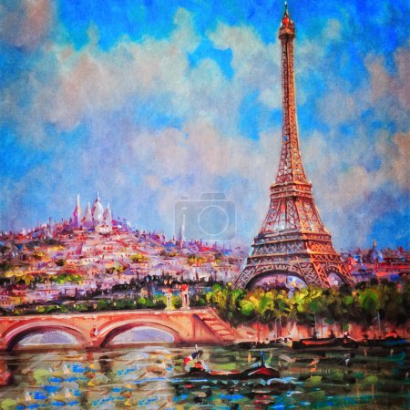 Colorful painting of Eiffel tower and Sacre Coeur in Paris