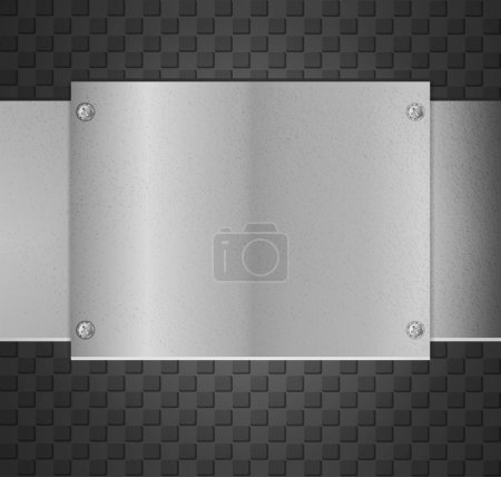 Shiny metal plate with screws on metal background