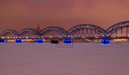 Riga railway bridge at night time