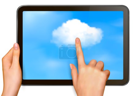 Cloud computing concept Finger touching cloud on a touch screen