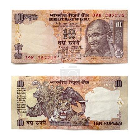 Indian Ten Rupee Note Front and Back over White