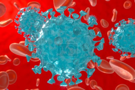 Dispersed corona viruses with blood background, 3d rendering