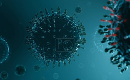 Large virus floating into a substance with many blurred virus