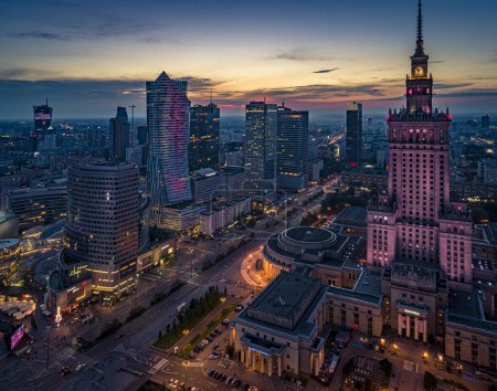 Warsaw, Poland. Aerial view of the city at sunset