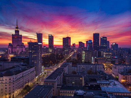 magnificent sunset in Warsaw, Poland. Aerial view of the city