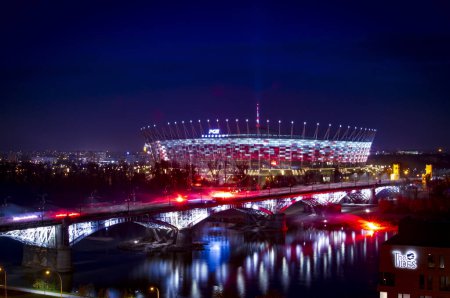 night view on stadion Narodowy Warsaw, Poland. Aerial view of the city 