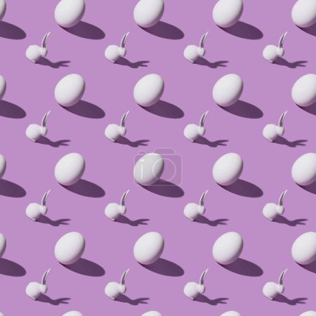 seamless pattern with Easter rabbits and chicken eggs on purple background