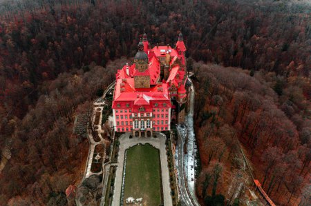 Majestic ksiaz castle in Poland during autumn cold top view 2021