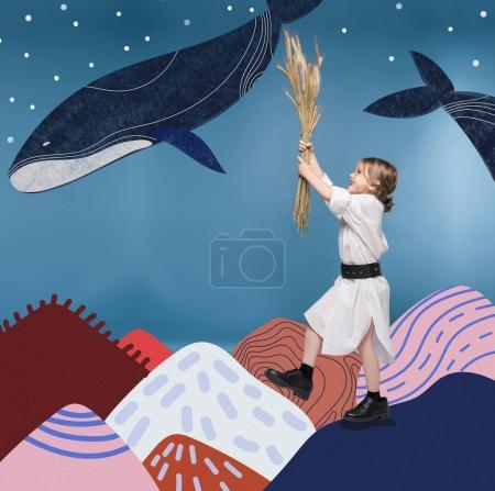 girl with wheat ears and whales