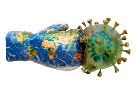 Boxing glove with Earth map texture and virus, 3D rendering