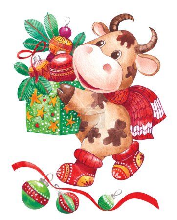 Year of the bull. Merry Christmas and New Year card. hand drawn watercolor farm animal illustration.