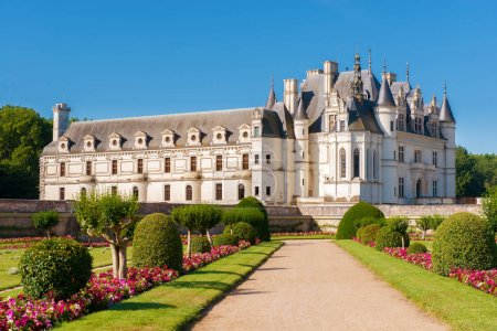 Chenonceau chateau, built over the Cher river , Loire Valley,France,on gradient blue  sky background.