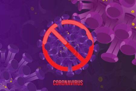 China pathogen respiratory coronavirus with stop sign. Flu spreading of the world. Floating flu virus and cancer cells. Flat vector illustration EPS10
