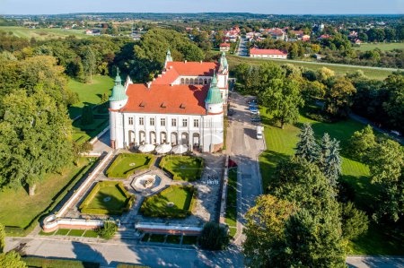 Renaissance castle, palace and park in Baranow Sandomierski in Poland, often called little Wawel. Aerial view.