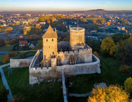 Medieval gothic castle in Bedzin, Upper Silesia, Poland. Aerial view in fall in sunrise light