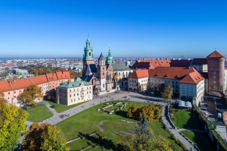Wawel Cathedral in Krakow, Poland. Aerial view in sunset light