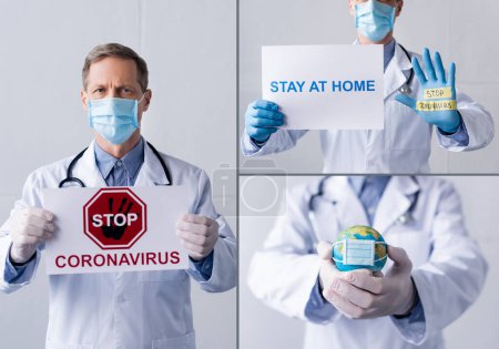 collage of doctor in medical mask holding placards with stop coronavirus, stay at home lettering and globe on grey