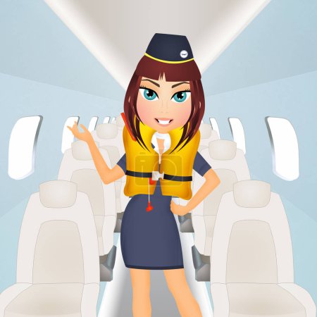 hostess with life jacket on airplane