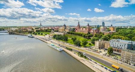 Szczecin - Chrobry shafts and Odra river embankment. City landscape with bird's eye view.