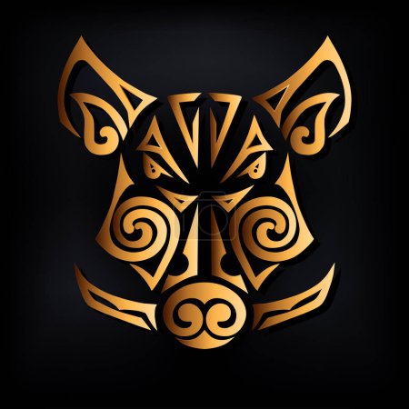 Golden boar head isolated on black background. Stylized Maori face tattoo. Symbol of Chinese 2019 New Year.  Vector illustration. Golden boar mask