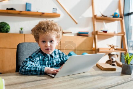 cute and smart child using laptop and looking at camera 
