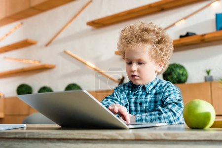 cute kid using laptop near apple at home