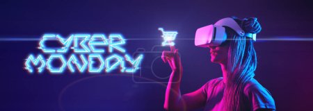 Woman is using virtual reality headset with inscription. Cyber Monday concept.