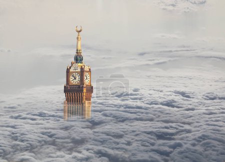 Above the clouds view of Abraj Al Bait Makkah Tower, (Royal Clock Tower Mecca), Saudi Arabia. Holy City of Mecca.