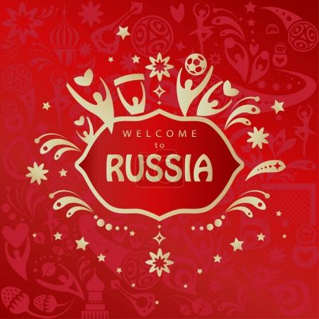 2018 World Cup Russia football, Welcome to Russia abstract invitation banner vector template. Russian folk art background with sports elements, soccer ball, award symbols, red pattern. 2018 FIFA world cup tournaments wallpaper, print, t-shirt, logo