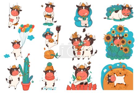Set of cartoon bulls in different poses isolate on a white background. Vector image