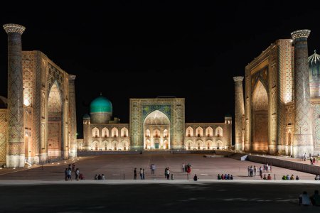 The Registan at night in Samarkand, Uzbekistan