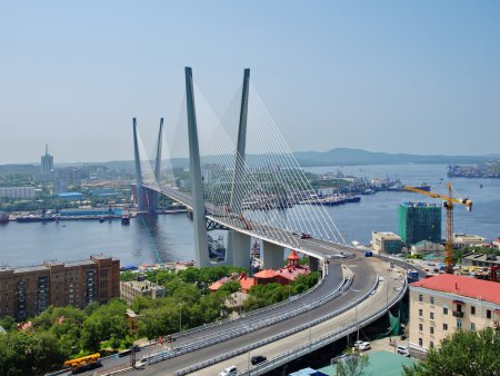Guyed bridge in the Vladivostok over the Golden Horn bay