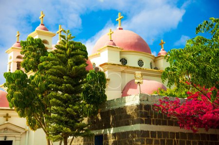 The Catholic temple in Israel, pink domes against a blue sky