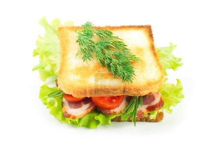 Sandwich from smoked meat, tomatoes and salad on a white background
