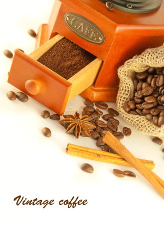 Coffee grinder in a retro style, coffee grains with an anise and cinnamon