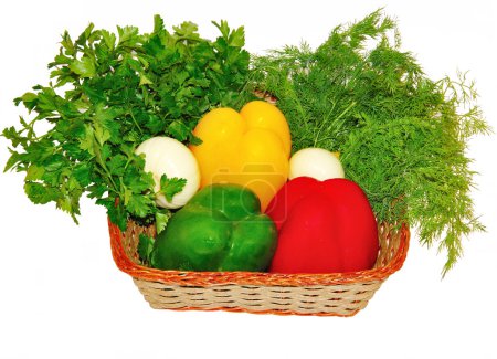 Wattled basket with multi-colored pepper and greens