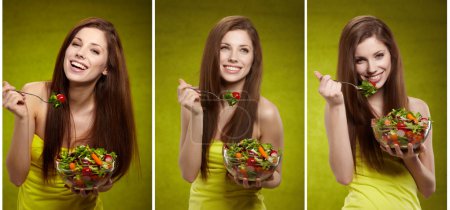 Woman eating salad. Triple images
