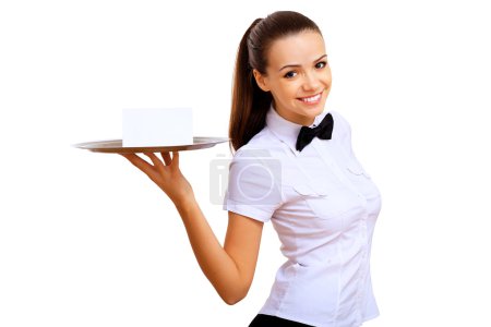 Young waitress with an empty tray
