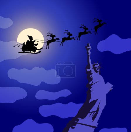 Santa Claus with reindeers flying over America