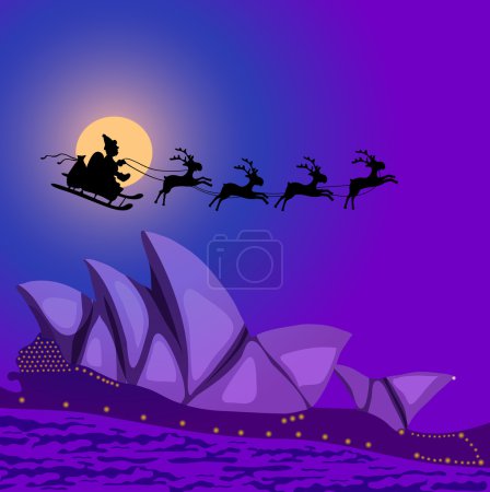Santa Claus with reindeers flying over Australia