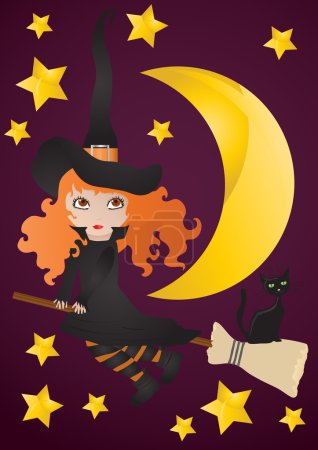 Witch with black cat on the broom