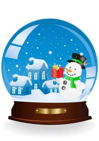 Christmas houses and snowman in a sphere