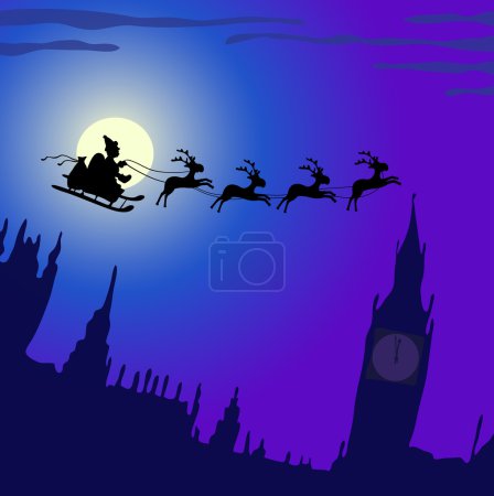 Santa Claus with reindeers flying over England